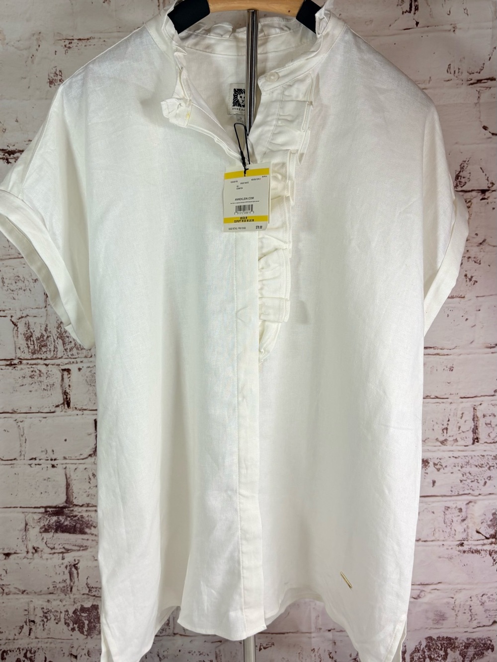 Anne Klein White Short-Sleeve Ruffle Placket Shirt